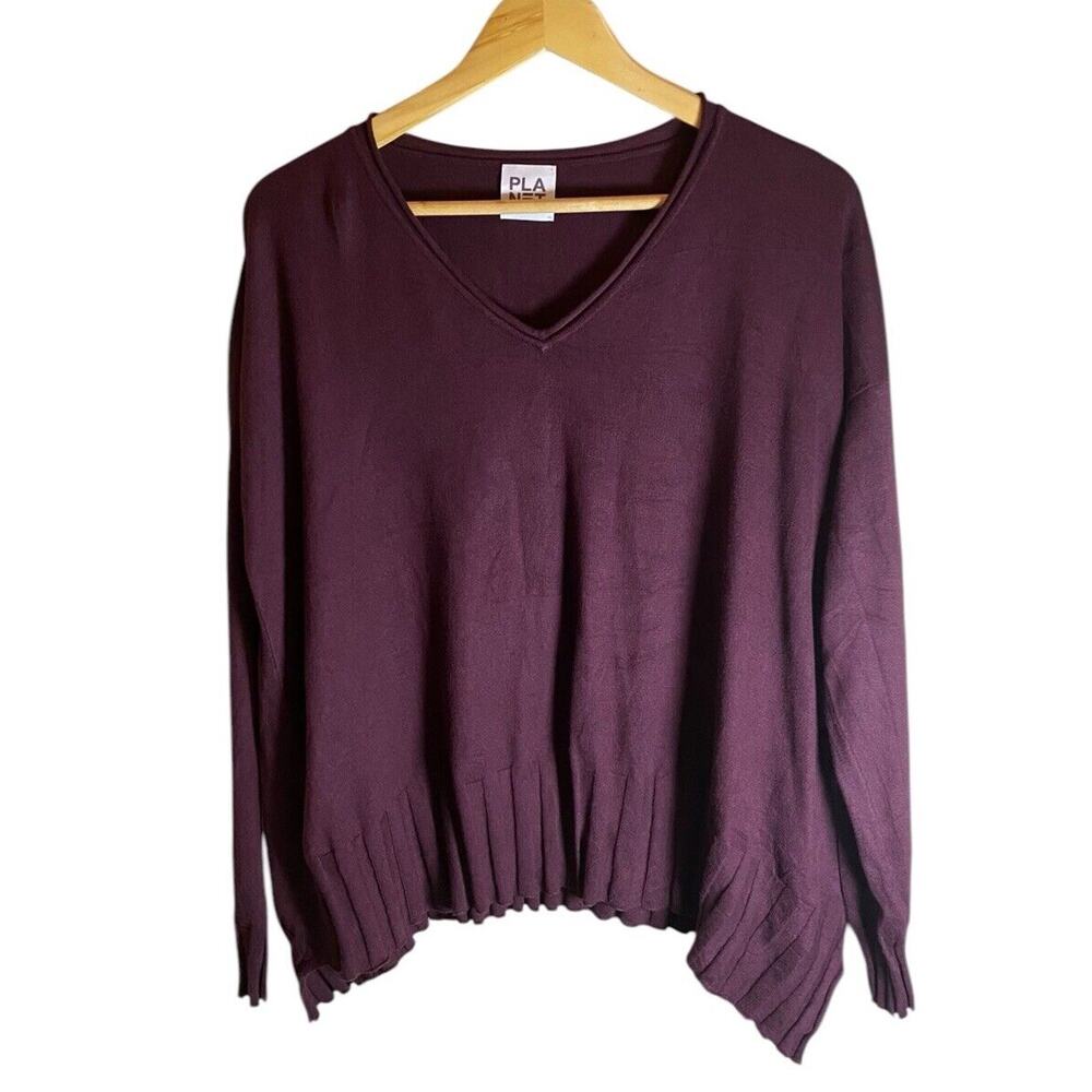 PLANET by Laren G purple v neck ribbed pullover Sweater One Size